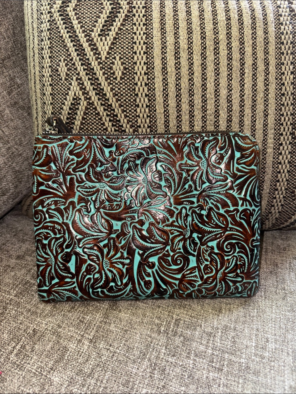 Patricia Nash Turquoise & Brown Embossed Leather Zip Pouch